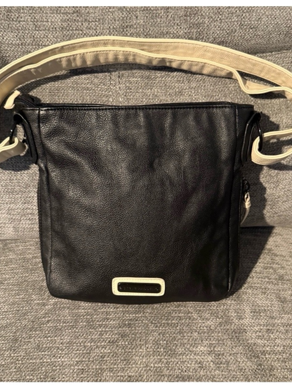 Black Leather Crossbody with Cream Trim